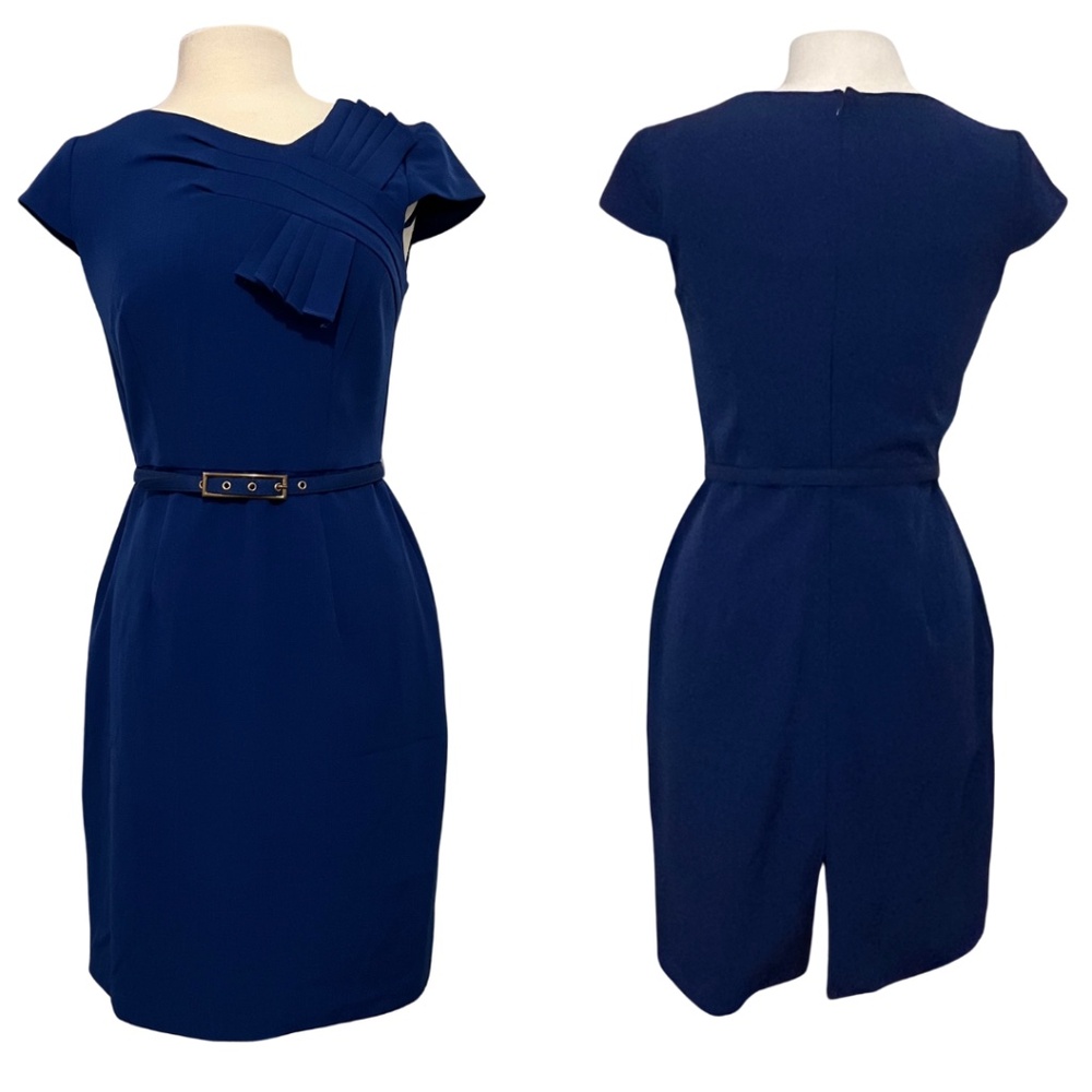 Sandra Darren Dress Sz 8 Blue Sheath Pencil Professional Work Pleats Asymmetric